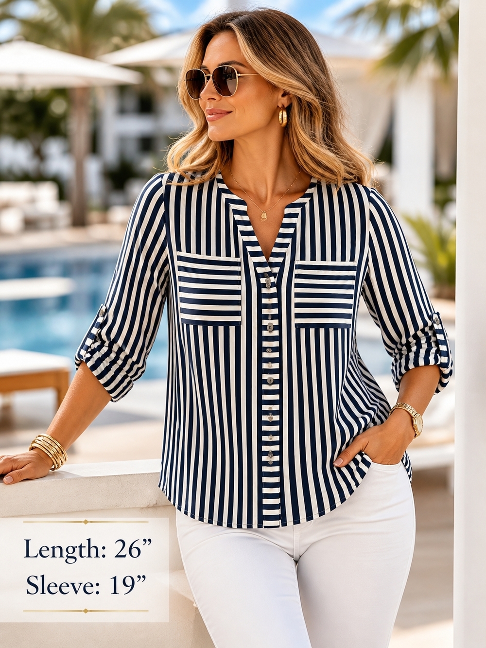 Joseph Ribkoff Navy Ivory Striped Button Front Blouse Women’s Size 10